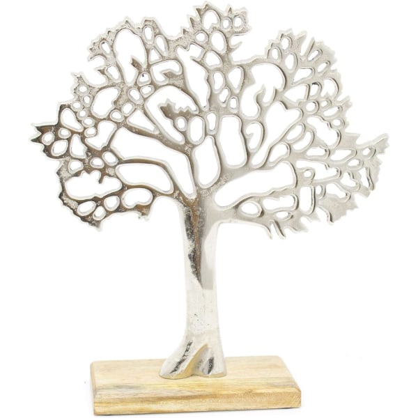 Silver Metal Tree Decorative Ornament On Wooden Base - Medium Tree Of Life Jewellery Stand - Silver Metal Tree Ornament On Mango Wood Base