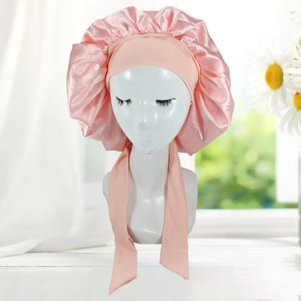 Sweet Hair Cap Head Scarf Lacing Head Cover Solid Color Faux Silk Satin Hair Bonnet  Shower Hat Faux Silk Satin