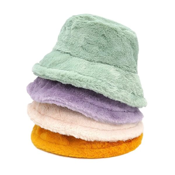 Vinter Plysch Bucket Hats För Kvinnor Utomhus Tjock Varm Panama Keps Solid Leopard Mjuk Fuskpäls Dam Flickor Streetwear Fisherman Hat