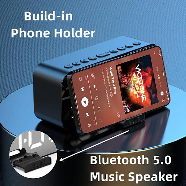 Bluetooth Speaker with Large LED Mirror Screen Digital Alarm Clock with FM Radio Phone Holder Temperature For Bedroom Office