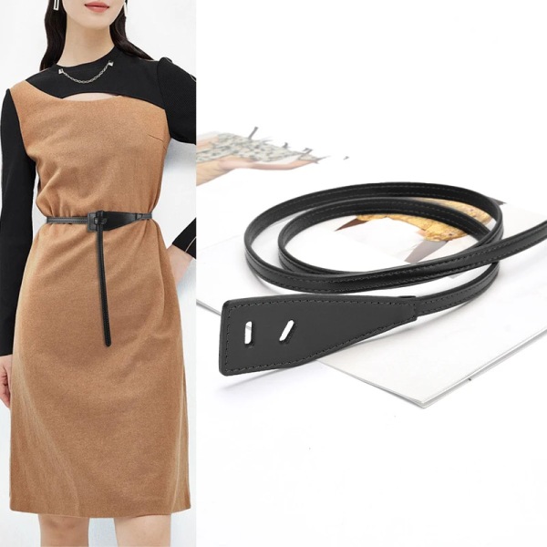 Women Cowhide Knotted Decorative Suit Jacket with Dress Thin Belt Waist Fashion Shirt Small Belt Caramel Color Off-white