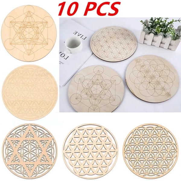 10PCS Round Edge Circles Carved Coaster Natural Chakra Flower of Life Symbol Wood For Stone Crystal Set Table Mat Kitchen DIY