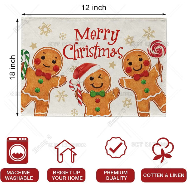 Merry Christmas Gingerbread Man Placemats Set of 4 Xmas Peppermint Candy Snowflake Farmhouse Dining Table Place Mats Winter