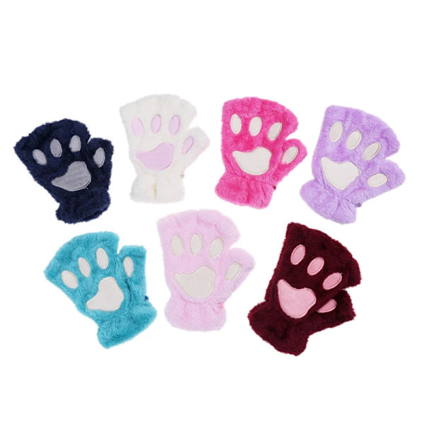 Women Cat Claw Paw Mitten Lovely Coral Velvet Costume Cute Winter Cold-proof Warm Soft Comfortable Half Finger Female Gloves