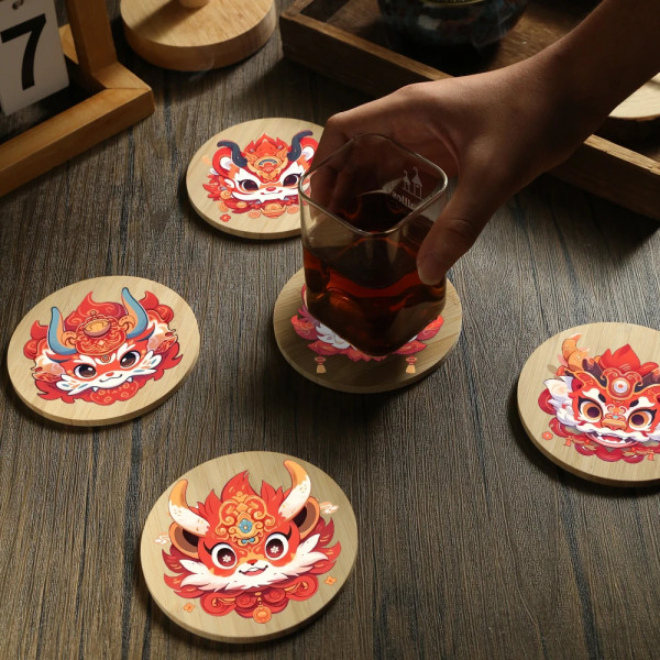 6PCS Kawaii Dragon Year Heat-insulated Tea Cup Pads, Bamboo Coasters, Kitchen Decoration, Home Dinning Placemat
