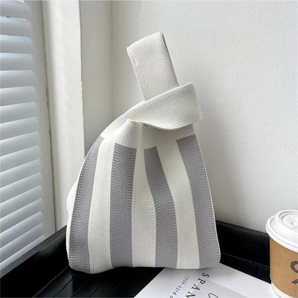 Wide Striped Plaid Handmade Knitted Handbag Women Casual Tote Bag Mini Knot Wrist Bag Student Reusable Shopping Bags