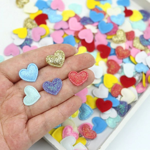 100Pcs Candy Color Glitter Heart Padded Appliques Patches DIY Craft Supplies Kids Hair Accessories Sewing Artesanato Materials