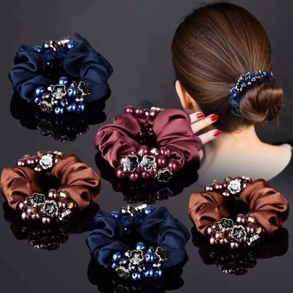 Fashion Pearl Crystal Hair Rope Solid Color Silk Flower Hair Scrunchies Women Girls Ponytail Bun Hairband Headwear Accessories