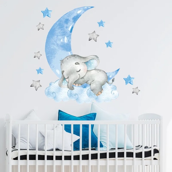 Cartoon Animal Wall Decals Bunny Elephant Moon Wall Stickers for Baby Boy Bedroom Baby Girl Room Decoration Kids Room Wallpaper