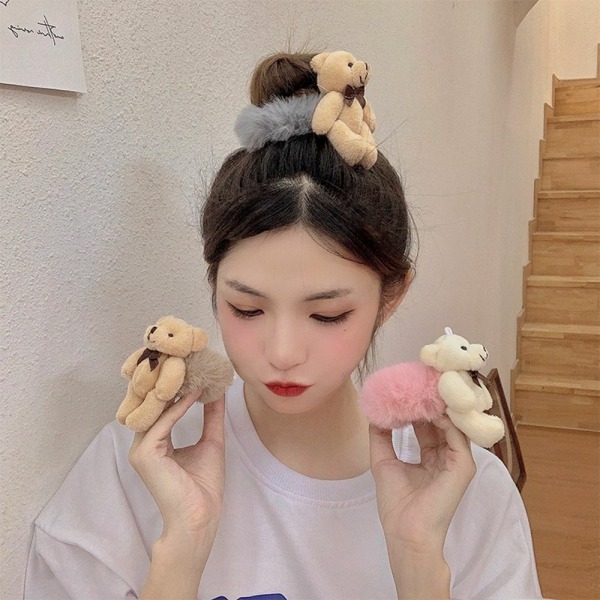 3Pcs Female Hair Ties Bear Hair Rope Cartoon Plush Scrunchies Korean Style Headwear