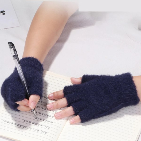 Warm Winter Knit Gloves Half Finger Men Women Thermal Gloves Autumn Solid Color Adult Writing Office Thick Elastic Plush Gloves