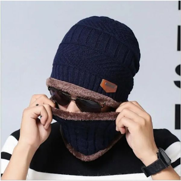 Vintermössa Skullies Mössor Mössor Mössor För Herr Dam Ull Halsduk Kepsar Balaclava Mask Gorras Bonnet Stickad Mössa Blå blå