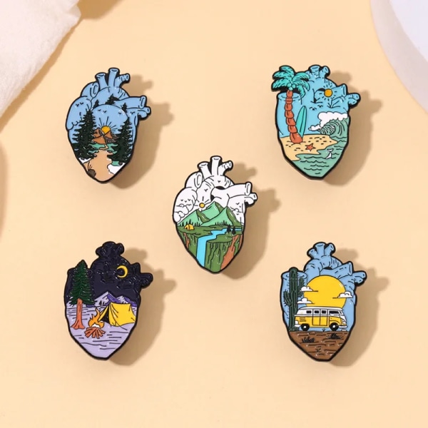 landscape rive moutain tent bus in heart  metal design Badges Brooch Enamel Pins label Bag Backpack hat Jewelry gift accessories