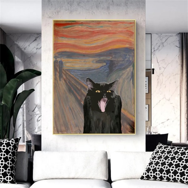 Monet Waterlily Cat Print Funny Black Cat Poster Print Canvas Wall Art Van Gogh Cafe Terrace Painting for Living Room Home Decor