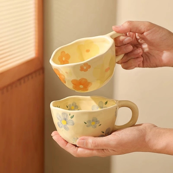 GIANXI Ceramic Mugs Hand Pinched Irregular Flower Sculpt Coffee Cups Ins Korean Style Oatmeal Breakfast Cup Drinkware