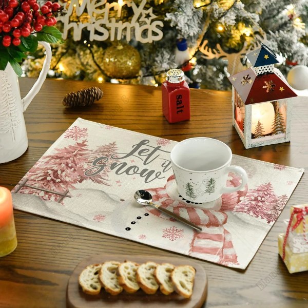 Xmas Trees Let It Snow Pink Snowman Christmas Placemats Set of 4 12x18 Inch Winter Table Mats for Party Kitchen Dining Decor