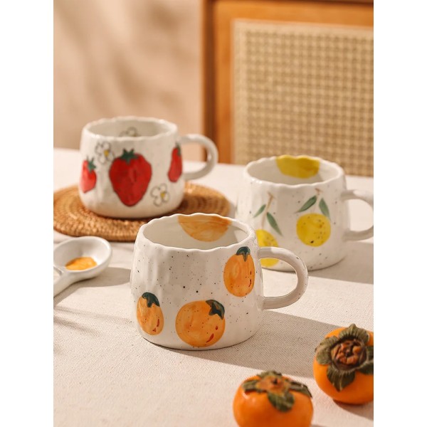 Cartoon Fruit Pattern Ceramic Tea Coffee Cups Juice Breakfast Mugs Simple Home Handheld Type Milk Coffee Mugs Home Accessories