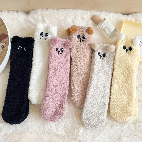 Women Winter Warm Fluffy Socks Thick Home Floor Sleep Cute Cat Kawaii Animal Bear Panda Fuzzy Socks Korea Style Japanese Fashion