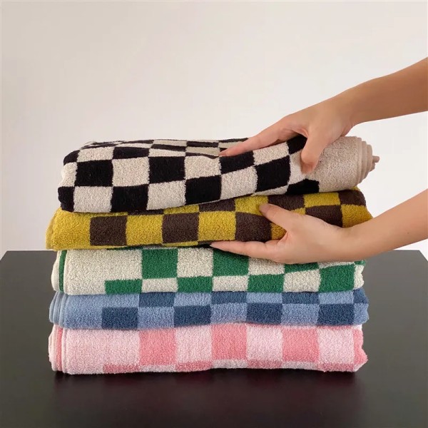 Retro Color Matching Long-Staple Cotton Skin-Friendly Towel Checkerboard Plaid Face Bath Towels Soft Absorbent Face Towel