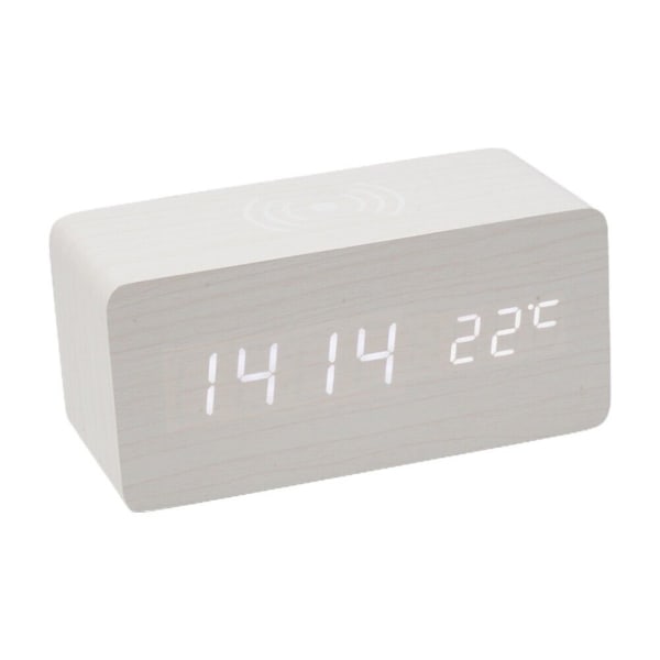 Wooden Digital Clock with Wireless Phone Charger Alarm and Temperature Readout
