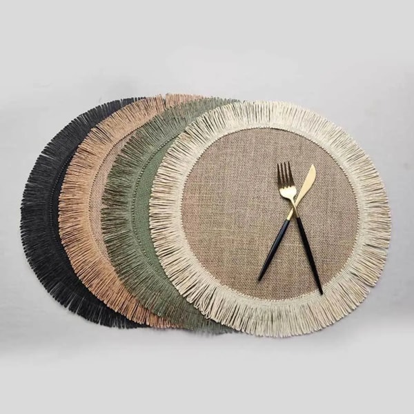 1Pcs Jute Linen Placemat Simple Fringe Round Shape Table Mat Heat Insulation Non-slip Coaster Mat