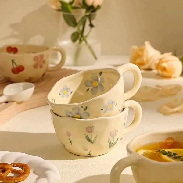 GIANXI Ceramic Mugs Hand Pinched Irregular Flower Sculpt Coffee Cups Ins Korean Style Oatmeal Breakfast Cup Drinkware