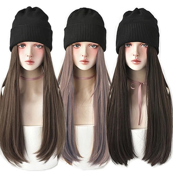 Beanies Hat With Hair Wigs For Women 24 inch Long Straight Hair Synthetic Wig Warm Soft Ski Knitted Autumn Winter Cap