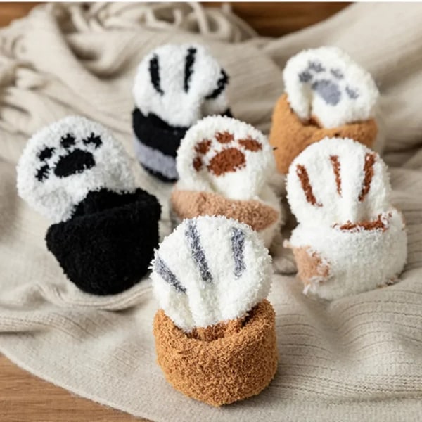 3pairs Cute Cat Paw Socks Women Men Winter Stretch Coral Fleece Thicken Cartoon Stripe Sleep Sock Fuzzy Cozy Plush Warm Sox