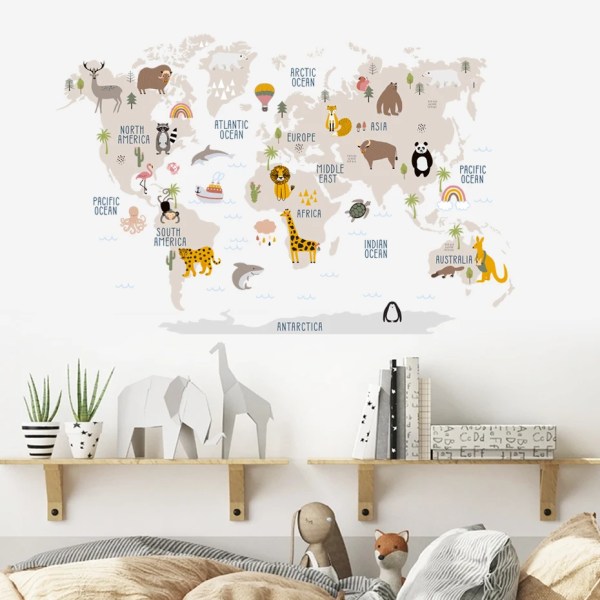 Cartoon Large World Map Wall Stickers Animals Wildlife Watercolor Kids Vinyl Nursery Art Decals for Babys Girls Room Home Decor