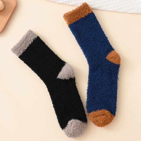 2 Pairs Coral Velvet Men's Socks Thickened Not Falling off Winter Home Sleeping Socks Bear Insulation Boys Mid Calf Floor Socks