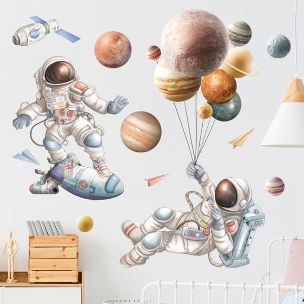 Cartoon Funny Astronaut Wall Stickers for Kids room Children Bedroom Kindergarten Wall Decor Removable Vinyl DIY Wall Decals for