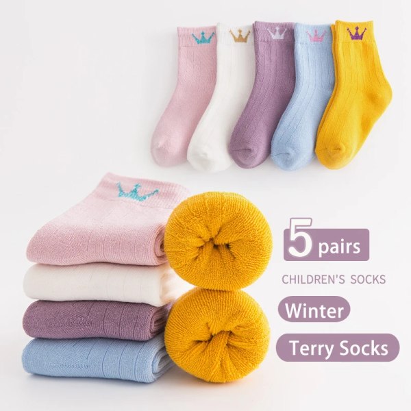 Kids Socks Girl Boy Fall Winter Thick Warm Cute Cartoon Baby 1-12Y Cotton Medium Tube Terry Socks 5 Pairs For Children