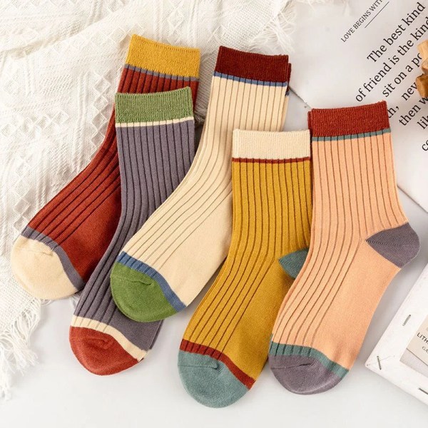 5 Pairs Candy Color Women Ribbed Socks Harajuku Autumn Winter Mid-tube Socks Lady Girl Sweat-absorb Breathable Sokken Gift