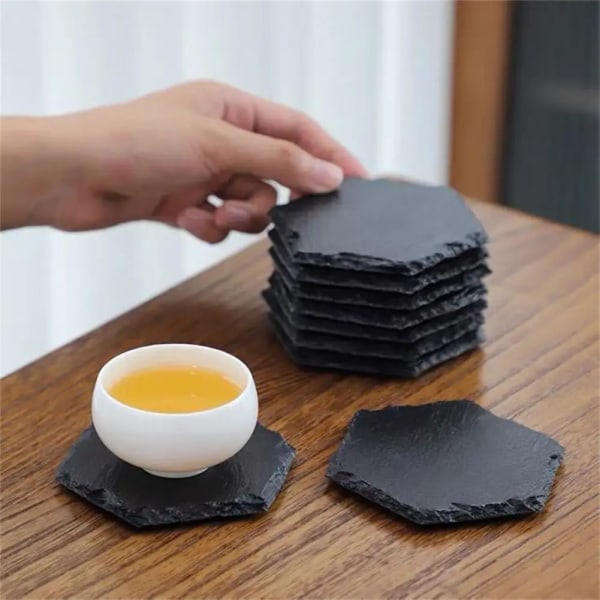 Table Stone Drink Coasters Decorative Stable Anti-scalding Home Cafe Black Natural Edges Slate Rock Drink Coaster for Gifts