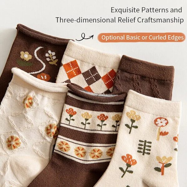 6 Pairs of Spring Summer Women Is Medium Socks Hose Khaki Vintage Flower Diamond