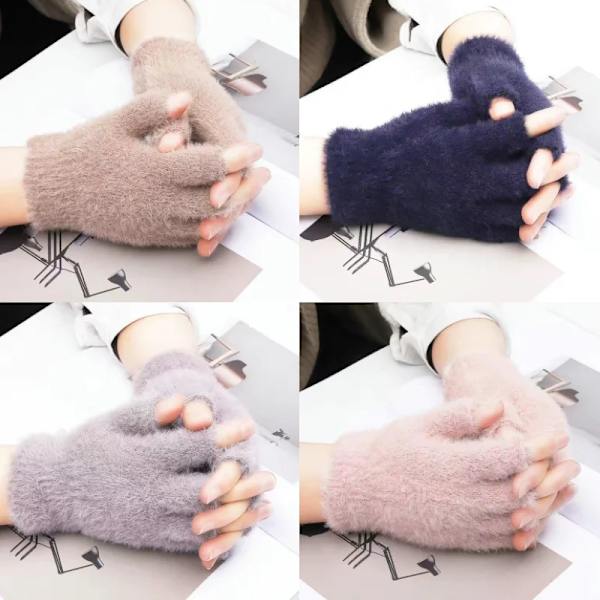 Warm Winter Knit Gloves Half Finger Men Women Thermal Gloves Autumn Solid Color Adult Writing Office Thick Elastic Plush Gloves