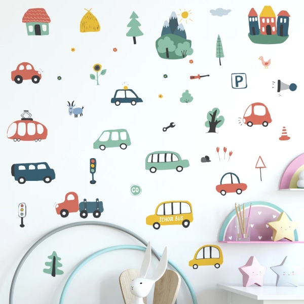 Cartoon City Cars Self-adhesive Wall Stickers for Nursery Baby Bedroom Eco-friendly Decal Kindergarten Removable Wall Poster Art