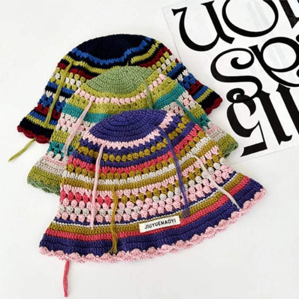 Korean Retro Stripe Handmade Crochet Bucket Hats Autumn and Winter Y2k  Fisherman's Cap Women Tassel Colored Wool Hats