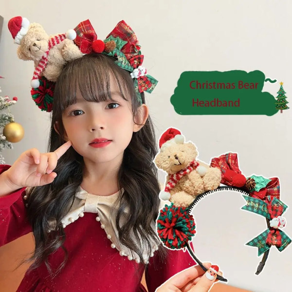 Children Plush Bears Headband Christmas Red Bowknot Santa Hat Hair Bands New Year Xmas Hair Hoop Kids Girls Hair Accessories