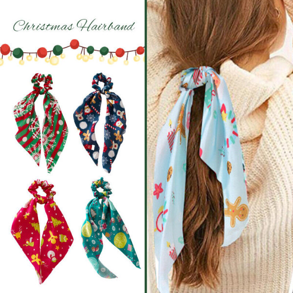 5pcs Christmas Scrunchies Hair Rope Long Ribbon Knotted Hairpin Xmas Soft Headwear