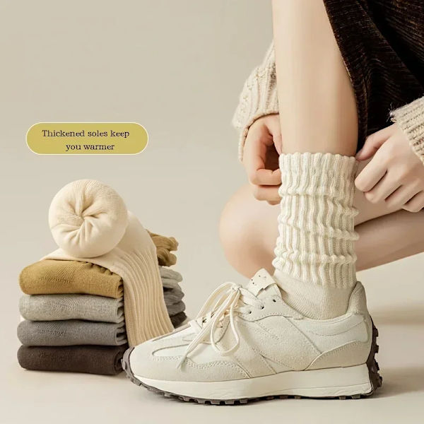 5 Pairs Thicken Warm Socks Women's Winter Simple Comfy Solid Color Slouchy Length Crew Sock Lightweight Stack Run Fitness Sox