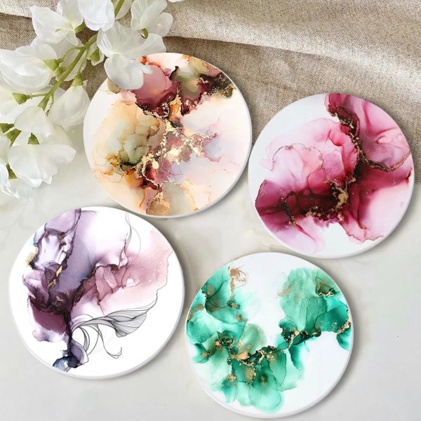 Abstract Art Coasters  for Drinks Tabletop Protection Teal Watercolor Round Enamel Coasters Set with Cork Base Housewarming Gift