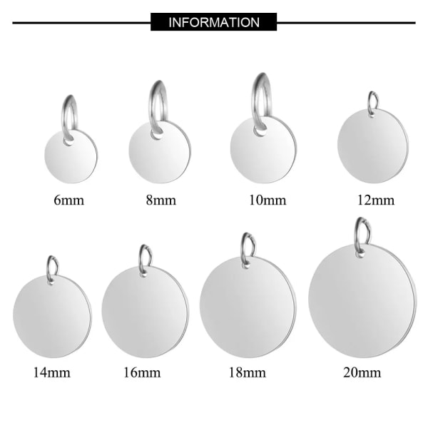 5pcs/lot 316 Stainless Steel Blank 6-20mm Disc Round Tag Charm Pendant for Bracelet Necklace Jewelry Making Blank Tag