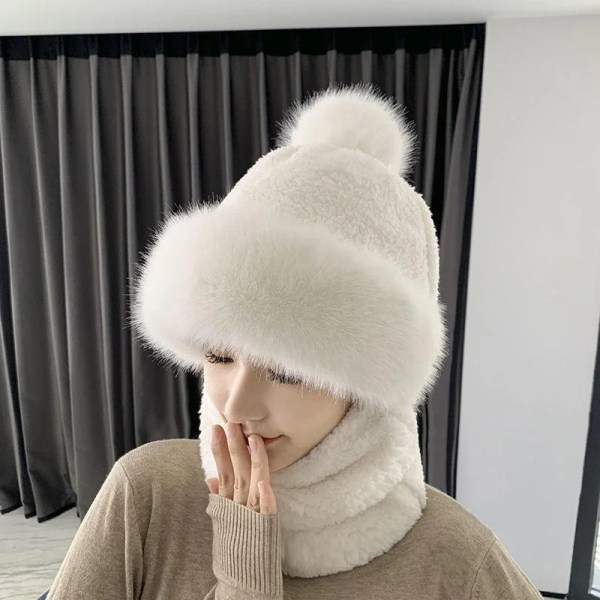 Winter Scarf Set Hooded for Women Plush Neck Warm Russia Outdoor Ski Windproof Hat Thick Plush Fluffy Beanies