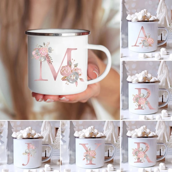 Pink Letter Flowers Enamel Coffee Mugs Bridal Party Creative Drinks Coffee Juice Milk Cups With Handle Water Mug Wedding Gifts