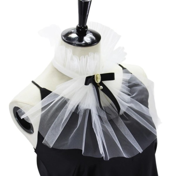 652F Ruffle Mesh Fake Collar Jabot Necktie with Bowknot Steampunk Costume Accesories