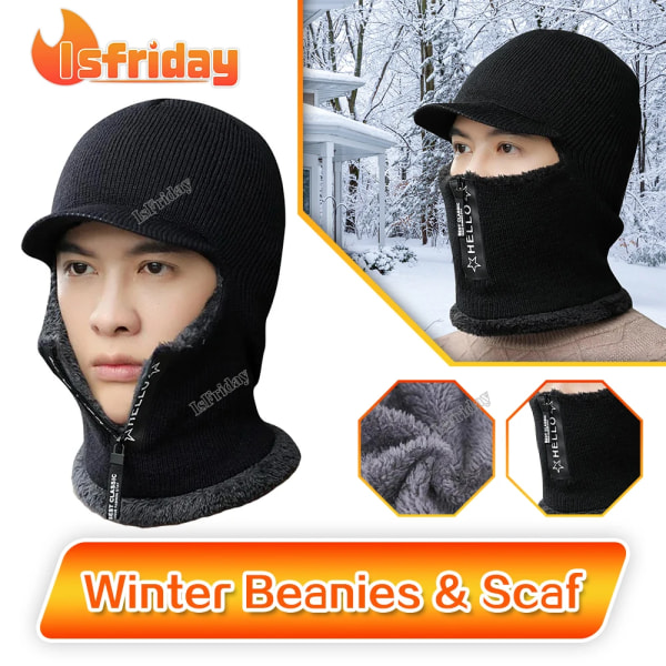 Men Winter Warm wool Hat Outdoor cycling Ear Protection Warm Thicken Bicycle Knitted zipper Cap Scarf Windproof Knitted cap mask