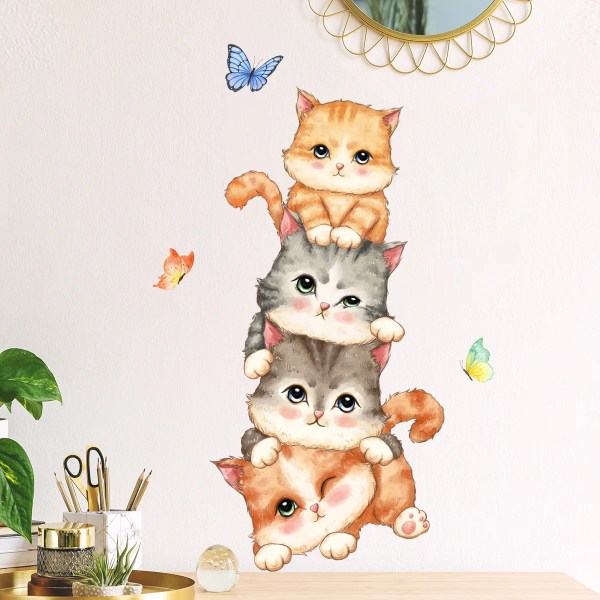 T45# Cartoon Animal Kitten Butterfly Wall Sticker Kids Room Background Home Decoration Mural Living Room Wallpaper Funny Decal