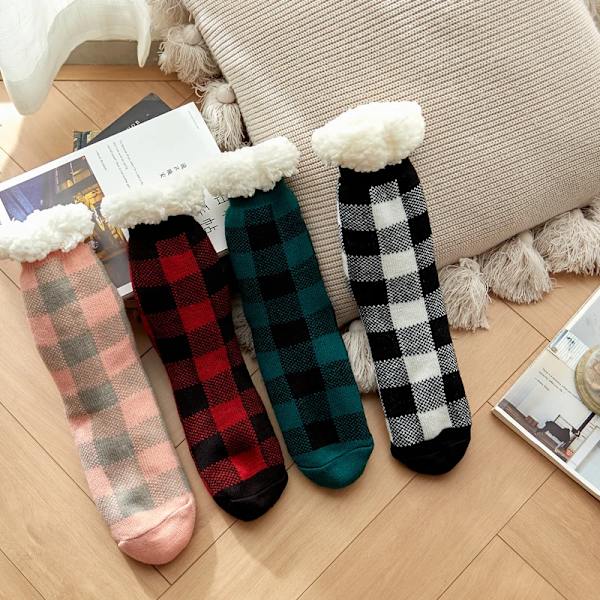 1 Pair Anti-skid Middle Tube Floor Socks Fleece Lined Plaid Print Women Warm Fluffy Socks Clothes Accessories