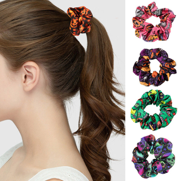 Halloween Pumpkin Hair Scrunchies Skull Bat Printed Hair Rope Ponytail Hair Tie